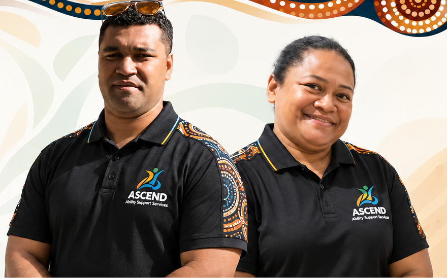 Directors Vilimone Lote and Maramasoli Sukani wearing ASCEND-branded black polo shirts with Aboriginal-inspired decorative accents
